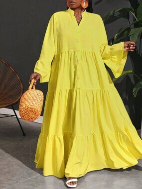 Yellow Cute Women's Loose Ruched Flare Sleeve High Waisted Smock Dress